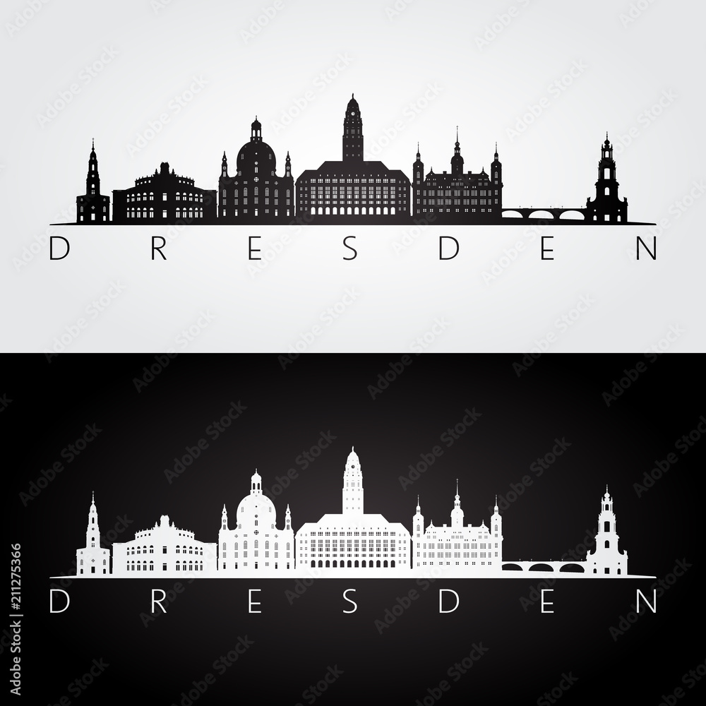 Dresden skyline and landmarks silhouette, black and white design, vector illustration.