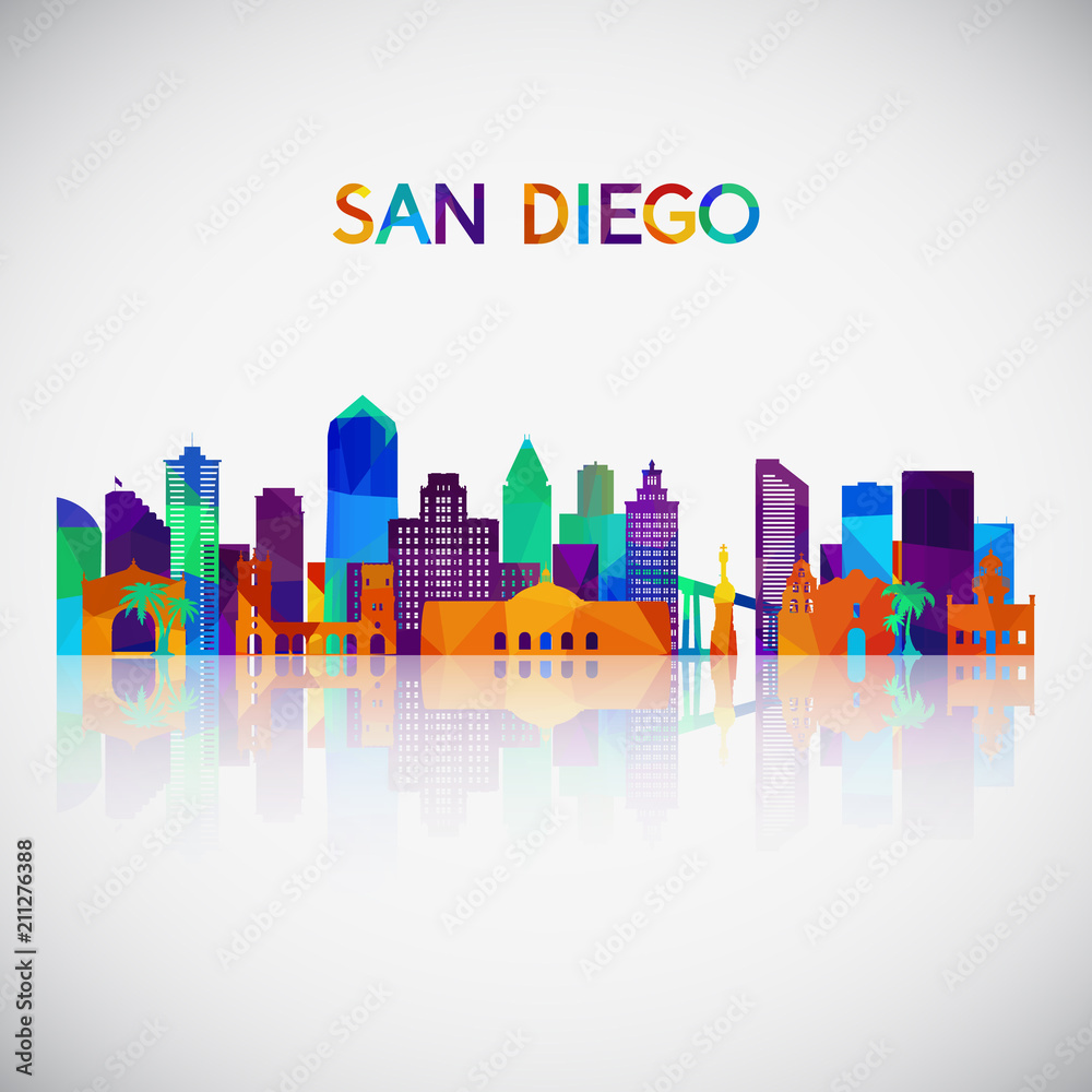 San Diego skyline silhouette in colorful geometric style. Symbol for your design. Vector illustration.