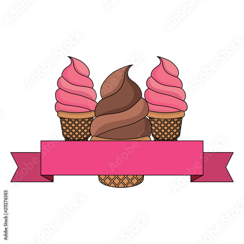 emblen with decorative ribbon and ice cream cones icon over white background, vector illustration