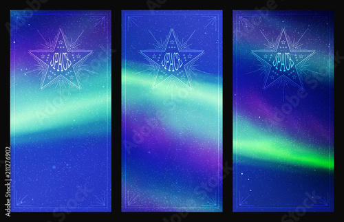Set of vertical banners with beautiful starry sky and Northern lights. Vector illustration with aurora borealis. Abstract colorful cards for design.