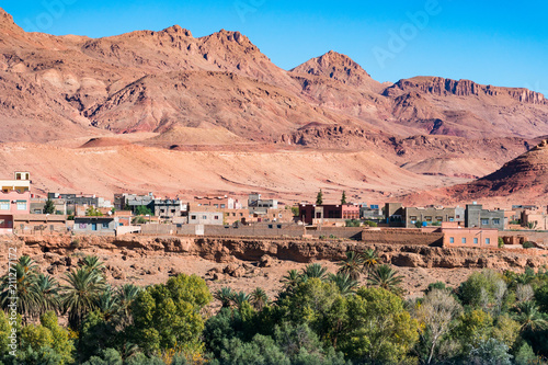 Landscape view of Atlas mountains and oasis around Douar Ait Boujane village in Todra gorge in Tinghir, Morocco