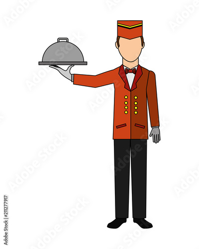bellboy hotel worker with tray isolated icon vector illustration design