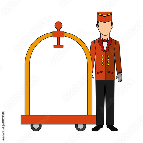 bellboy hotel worker with cart hotel isolated icon vector illustration design