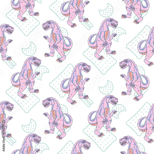 Pink reptile monster teen seamless vector pattern. Angry dinosaur background for print.