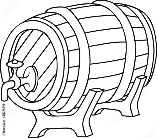 Hand Drawn Doodle Sketch Line Art Vector Illustration of Horizontal Stand Barrel with Tap for Alcoholic Beverages Beer Wine Whiskey Brandy. Black Outline Design Element Template