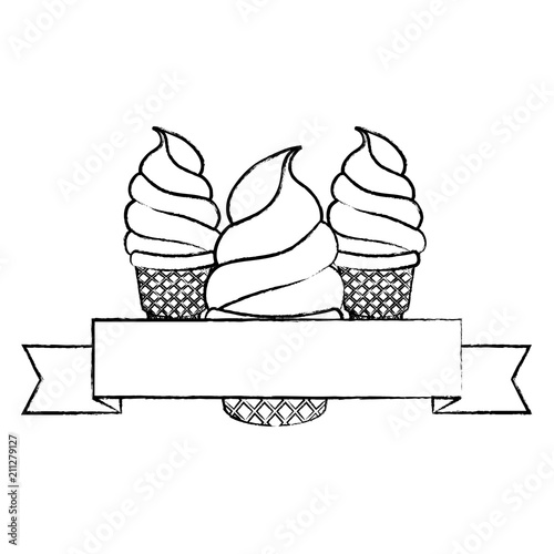 emblen with decorative ribbon and ice cream cones icon over white background, vector illustration