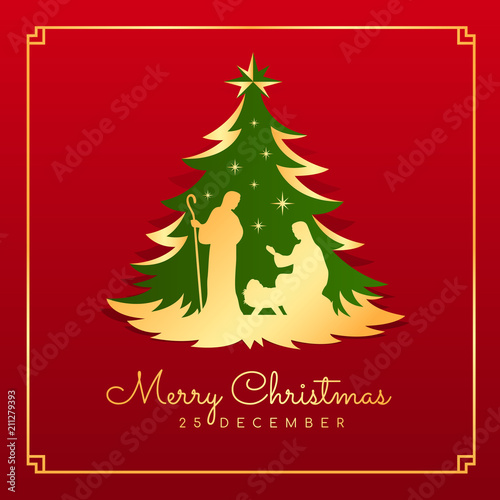 Merry Christmas banner card with Nightly christmas scenery mary and joseph in a manger with baby Jesus in green gold christmas tree on red background vector design