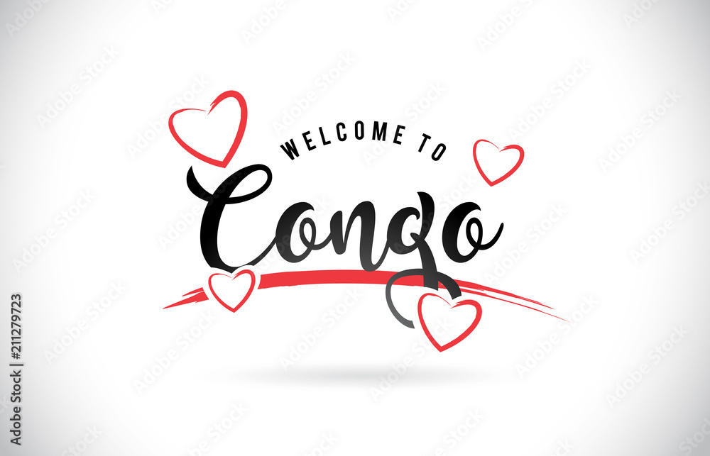 Congo Welcome To Word Text with Handwritten Font and Red Love Hearts.