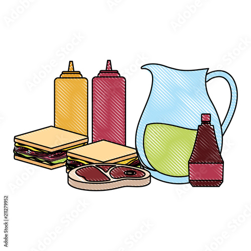 Picnic food design with lemonade pitcher and sandwiches icon over white background, vector illustration