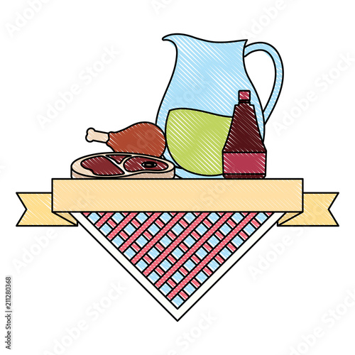 picnic food emblem with lemonade pitcher and related icons over white background, vector illustration