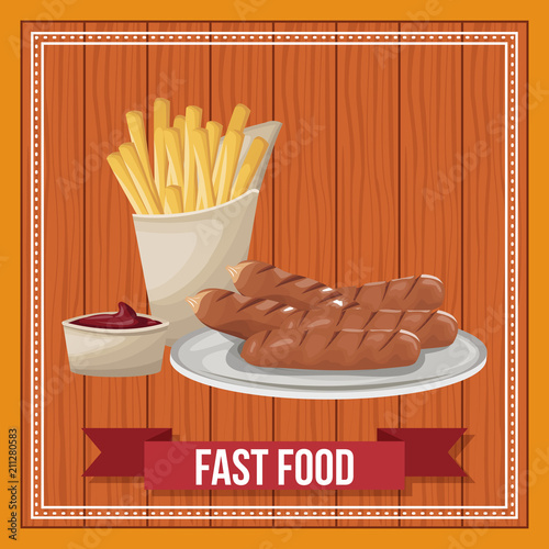 Fast food combo with ribbon banner over wooden background vector illustration graphic design