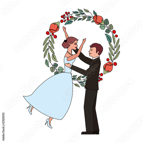 married couple with rose flower decoration icon vector illustration design
