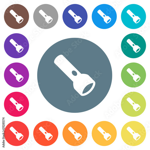 Flashlight flat white icons on round color backgrounds