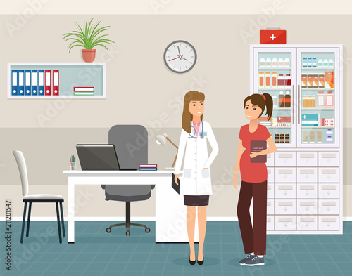 Pregnant woman patient at a doctor's consultation in clinic office. Feale doctor in uniform and patient characters staying in consulting room.