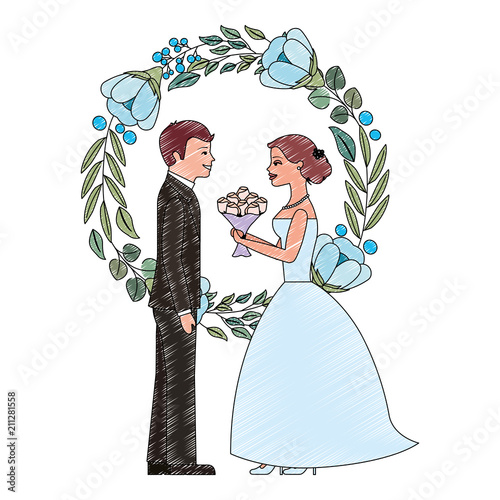 married couple with floral decoration icon vector illustration design