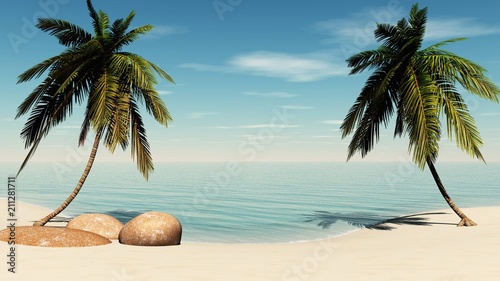 Tropical beach, sea shore with palm trees. 