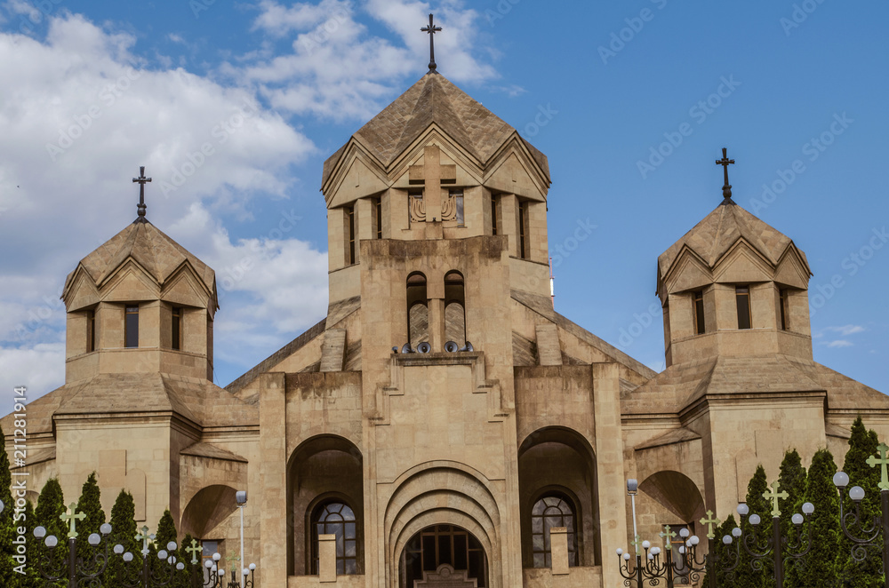 View of the main entrance of the Cathedral of Gregory the Illuminator from Tigran Mets street in the capital of Armenia Yerevan





