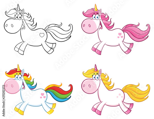 Cute Magic Unicorn Cartoon Mascot Character Set 1. Vector Collection Isolated On White Background