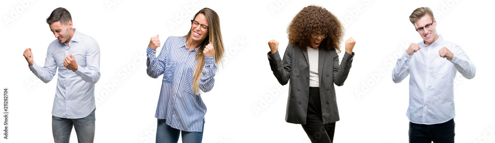 Team of business men and women very happy and excited doing winner gesture with arms raised, smiling and screaming for success. Celebration concept. Team of business men and women very happy and excited doing winner gesture with arms raised, smiling and screaming for success. Celebration concept.