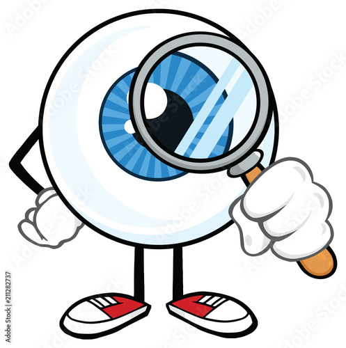 Eyeball Cartoon Mascot Character With A Magnifying Glass. Illustration Isolated On White Background