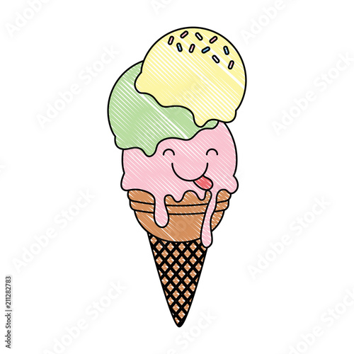 kawaii ice cream cone icon over white background, colorful design. vector illustration