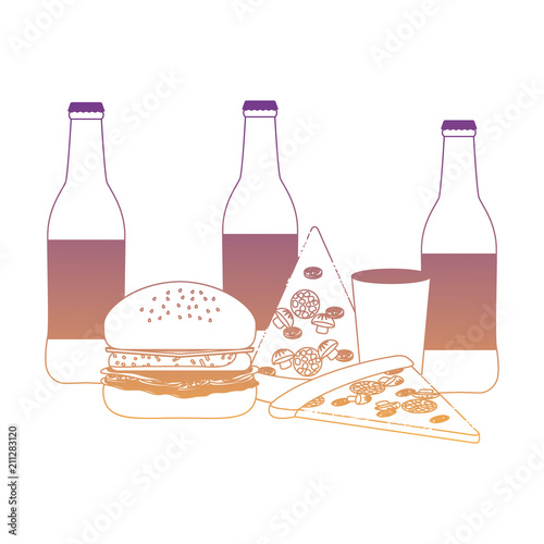 beer bottles with pizza and hamburgers icon over white background, vector illustration