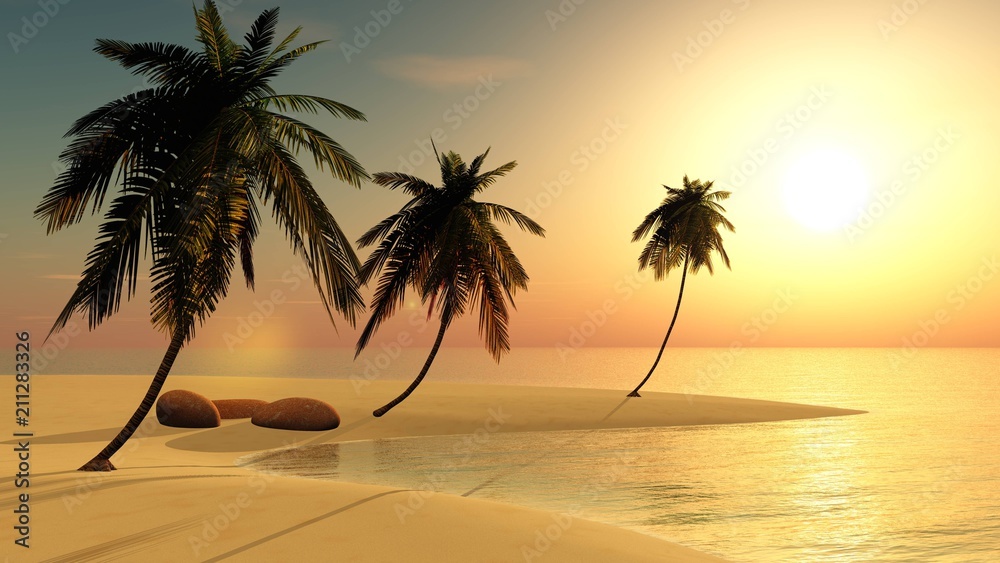 Tropical beach, sea shore with palm trees.
