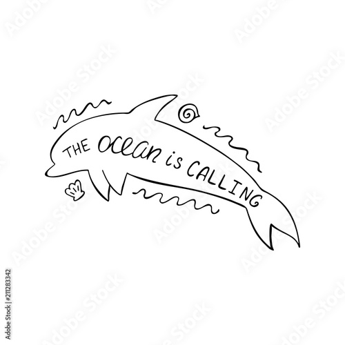 The ocean calling positive text with dolphin silhouette.