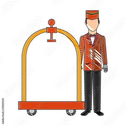 hotel service bellboy with luggage trolley vector illustration drawing