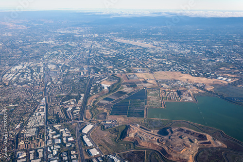 Aerial view of Redwood Shores State Marine Park and Foster city from airplane window. San Francisco. California. USA photo
