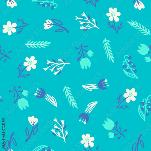 Hand Drawn pattern with summer flowers and herbs vintage Hohloma floral elements. Blue Yellow on white