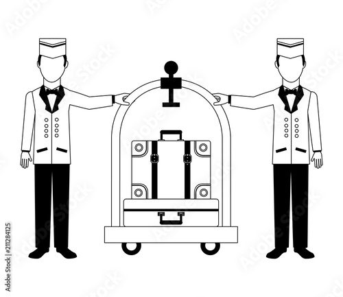 hotel staff bellboys trolley and suitcases vector illustration black and white