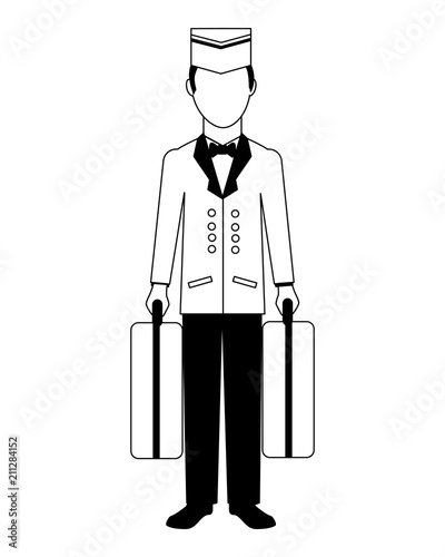 hotel bellboy carrying suitcases service vector illustration black and white