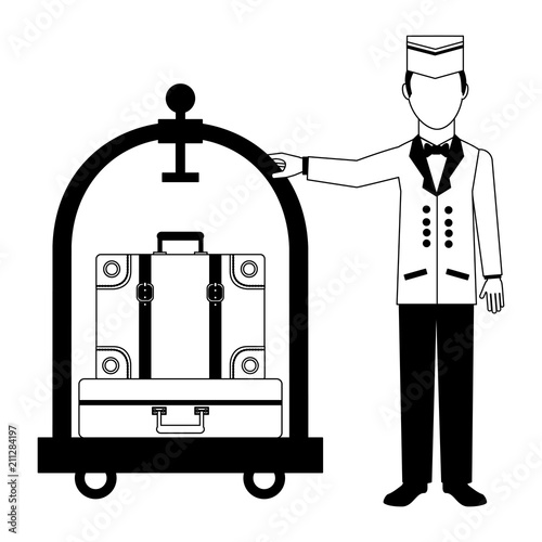 hotel bellboy and luggage trolley service vector illustration black and white