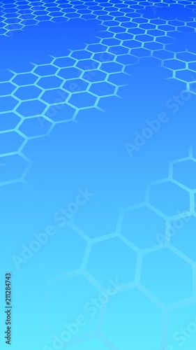 Translucent  with breaks  honeycomb on a gradient blue sky background. Perspective view on polygon look like honeycomb. Isometric geometry. Vertical image orientation. 3D illustration