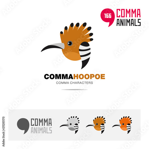Hoopoe bird concept icon set and modern brand identity logo template and app symbol based on comma sign