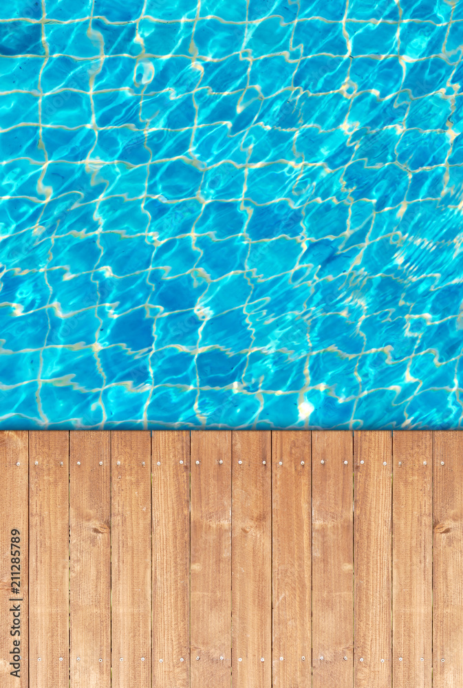 Wooden floor edge of swimming pool background
