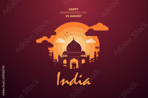 Happy Independence Day of India for 15th August. Famous monument of India in Indian background. Vector illustration EPS10