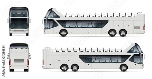 Open tour bus vector mockup on white background for vehicle branding, corporate identity. View from side, front, and back. All elements in the groups on separate layers for easy editing and recolor photo