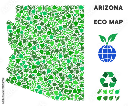 Eco Arizona State map collage of floral leaves in green color variations. Ecological environment vector concept. Arizona State map is formed of green floral elements. Abstract territory scheme. photo