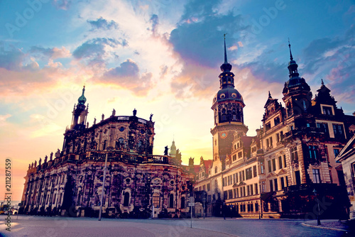 Catholic Court Church (Katholische Hofkirche) in the center of old town in Dresden at sunrise