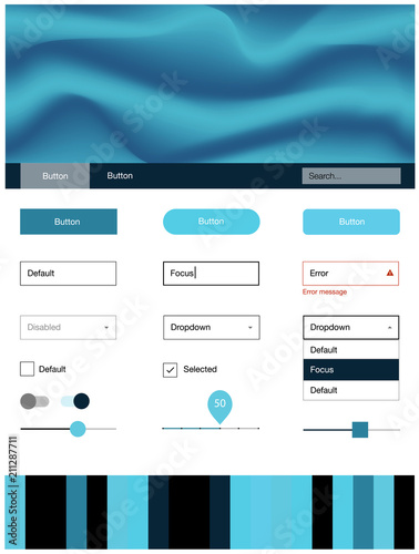 Light BLUE vector ui ux kit with lines, ovals.