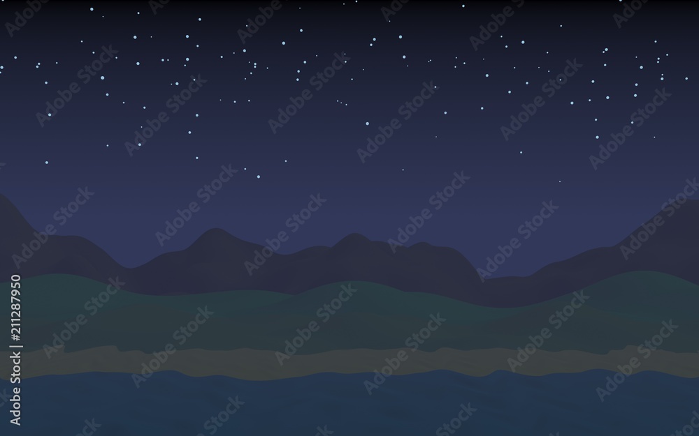 Starry moonless sky. Ocean shore line with waves on a beach. Island beach paradise with waves. Vacation, summer, relaxation. Seascape, seashore. Minimalist landscape, primitivism. 3D illustration Starry moonless sky. Ocean shore line with waves on a beach. Island beach paradise with waves. Vacation, summer, relaxation. Seascape, seashore. Minimalist landscape, primitivism. 3D illustration