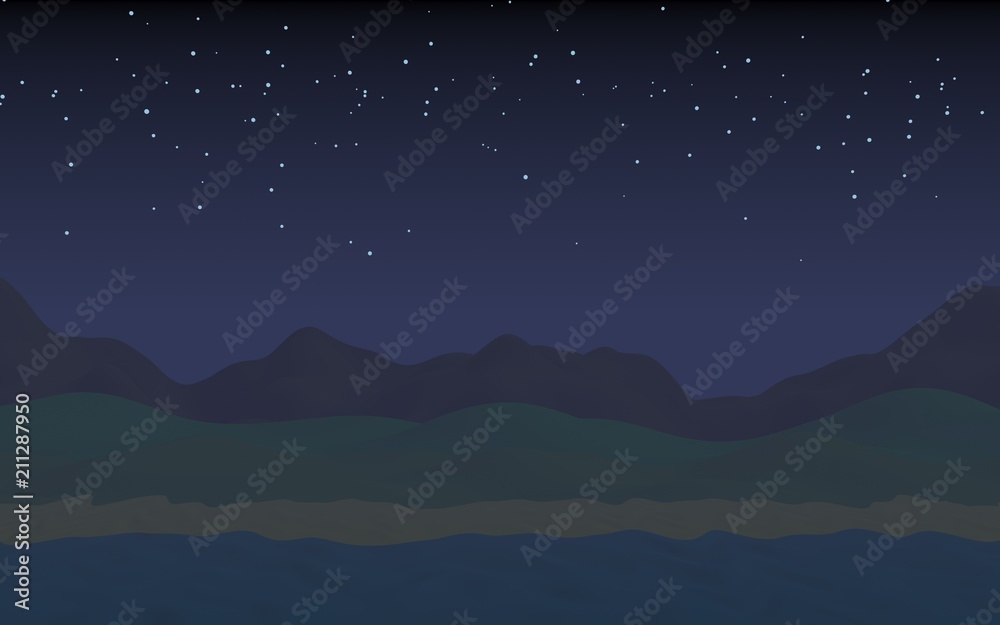 Starry moonless sky. Ocean shore line with waves on a beach. Island beach paradise with waves. Vacation, summer, relaxation. Seascape, seashore. Minimalist landscape, primitivism. 3D illustration