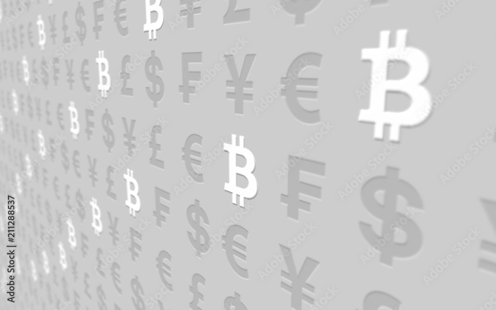 Obraz premium Bitcoin and currency on a gray background. Digital Cryptocurrency symbol. Business concept. Market Display. 3D illustration