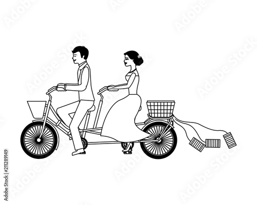 just married couple in bicycle tandem vector illustration design