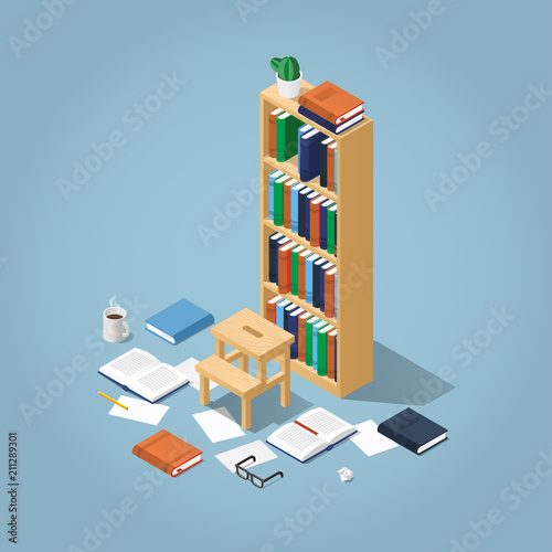 Isometric Library Bookcase Illustration 