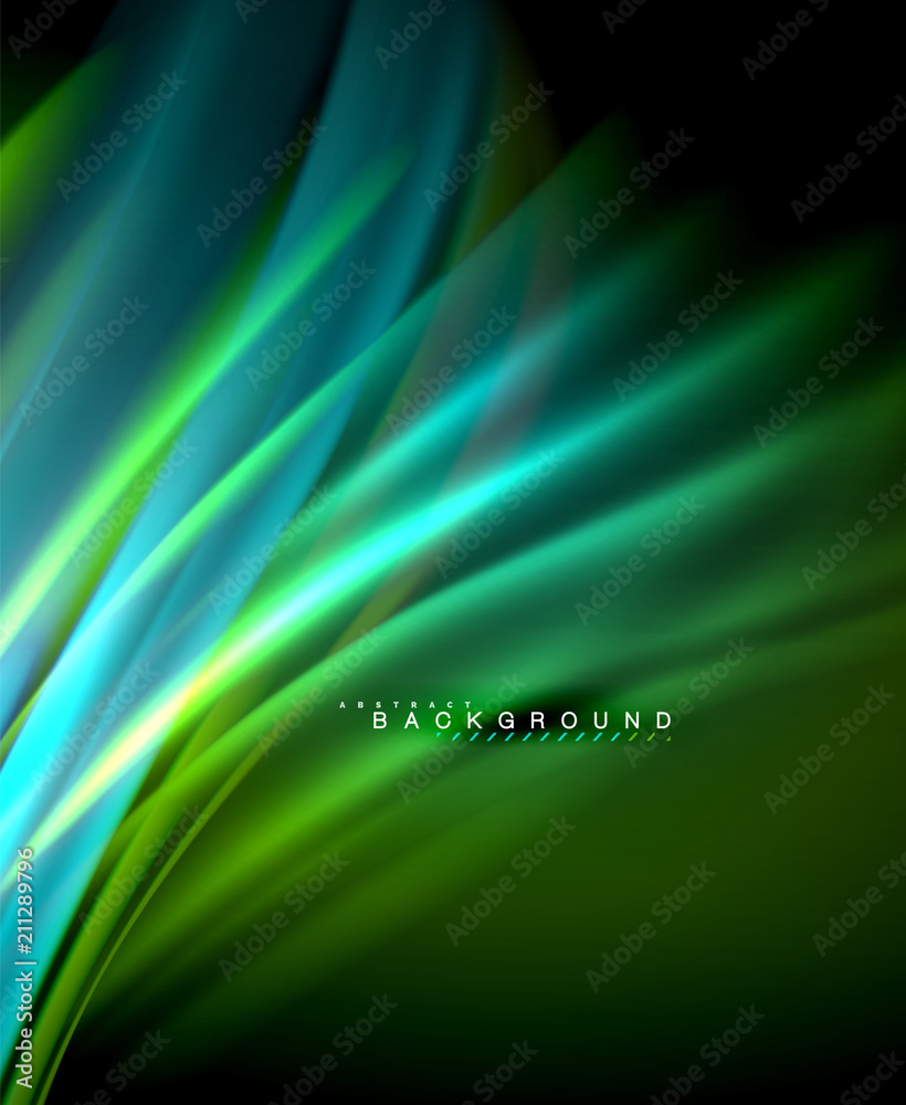 Obraz premium Neon glowing wave, magic energy and light motion background. Vector wallpaper template
