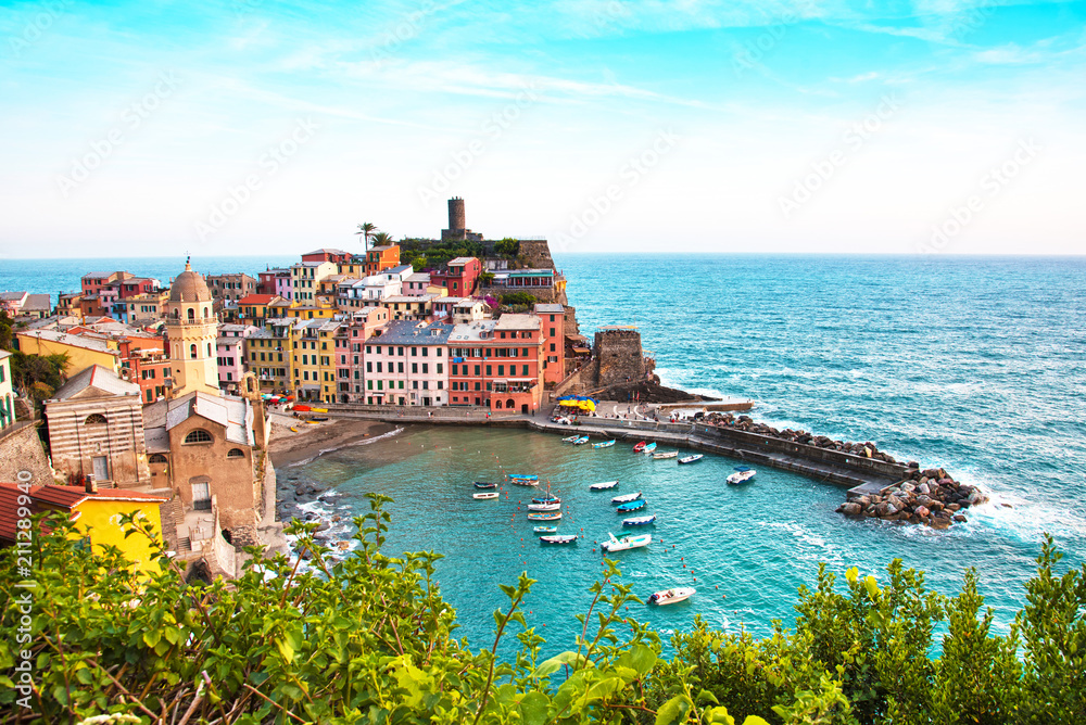 Beautiful landscape with colorful houses on the cliffs in Vernazza, Cinque Terre, Italy, Europe