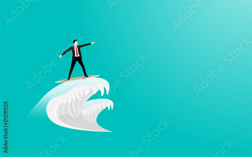 Businessman surfing on surfboard as waves to goal success